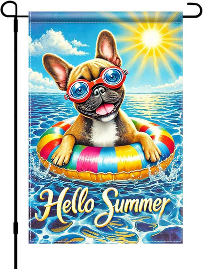 HOMETITUTE Hello Summer Garden Flag French Bulldog 12x18 Vertical Double Sided Pool Party Welcome Summer Yard Garden Flag Seasonal Holiday Outdoor Decorative Flag for Patio Lawn