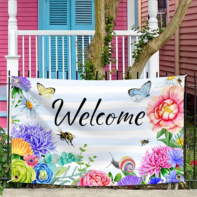 Welcome Spring Summer Flag 3x5 FT Flower Butterfly Bee Yard House Flags Season Banner Polyester Double Stitched with 4 Brass Grommets Flag for Outdoor Indoor Home Decor