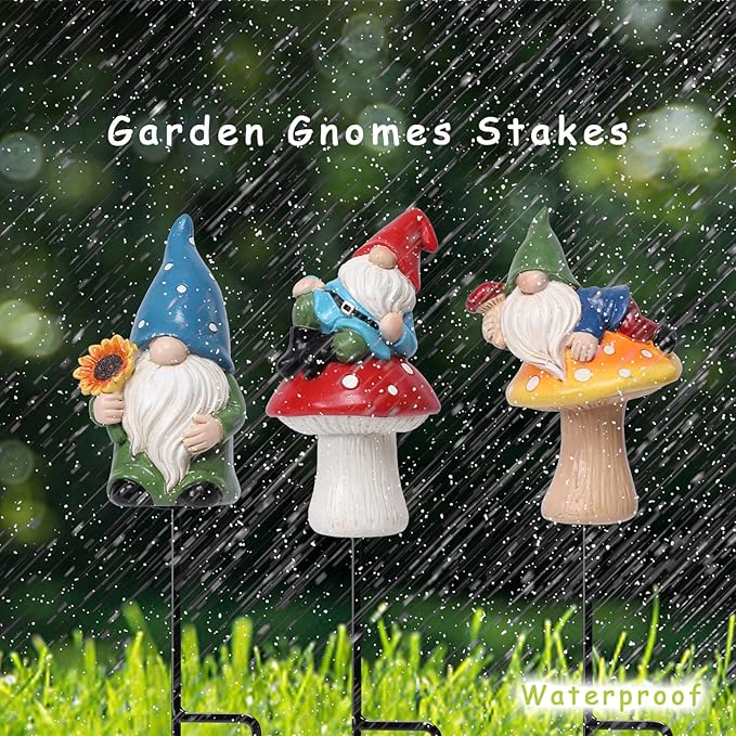 Garden Gnome Statue, Resin Miniature Gnome Set of 3PCS, Figurine with Garden Stakes for Lawn Patio Yard Outdoor Home Decor