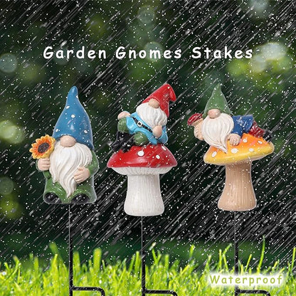 Garden Gnome Statue, Resin Miniature Gnome Set of 3PCS, Figurine with Garden Stakes for Lawn Patio Yard Outdoor Home Decor