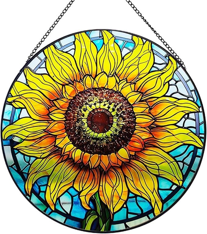 Sunflower Decor Suncatcher Stained Glass Window Hanging 7.87” Handmade Garden Suncatchers for Windows Hanging - Sun Catchers Wall Art Glass Panel Gifts for Mother's Day Christmas Birthday ﻿