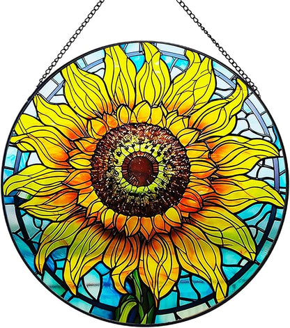 Sunflower Decor Suncatcher Stained Glass Window Hanging 7.87” Handmade Garden Suncatchers for Windows Hanging - Sun Catchers Wall Art Glass Panel Gifts for Mother's Day Christmas Birthday ﻿