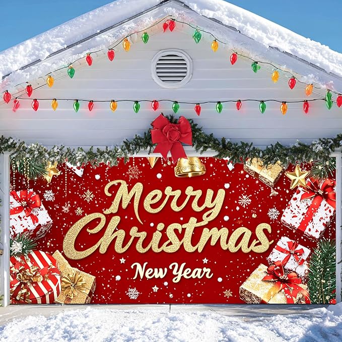 IVN Christmas Garage Door Cover Decoration 13x6ft Red Glitter Wrapped Gifts Golden Bells Snowflakes Merry Christmas Winter Garage Door Banner Home Door Front Yard Decor for Xmas Eve Holiday Outdoor