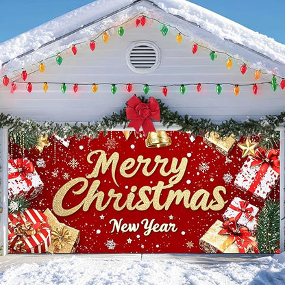 IVN Christmas Garage Door Cover Decoration 13x6ft Red Glitter Wrapped Gifts Golden Bells Snowflakes Merry Christmas Winter Garage Door Banner Home Door Front Yard Decor for Xmas Eve Holiday Outdoor