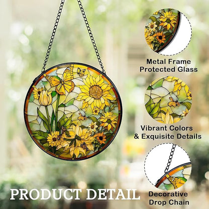 Stained Glass Window Hanging, Sunflower Floral Suncatcher for Window Doors Garden Home Decoration, Spring Colorful Glass Panel Ornaments for Women,Men,Wife, Lovers, and Mom 7.8x7.8 in