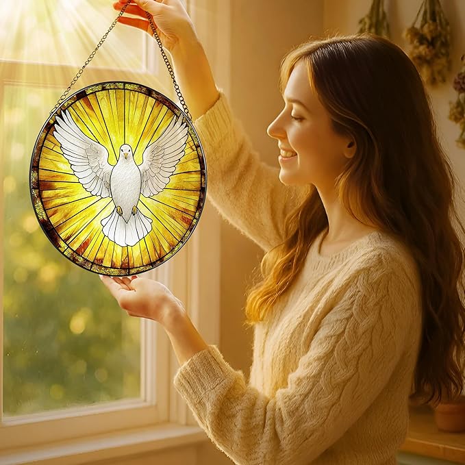8'' Dove Stained Glass Suncatcher, Stained Glass Window Hanging, Christian Christmas Ornament, Religious Home Decor, Gift for Christmas, Religious Gifts, Christian Gifts