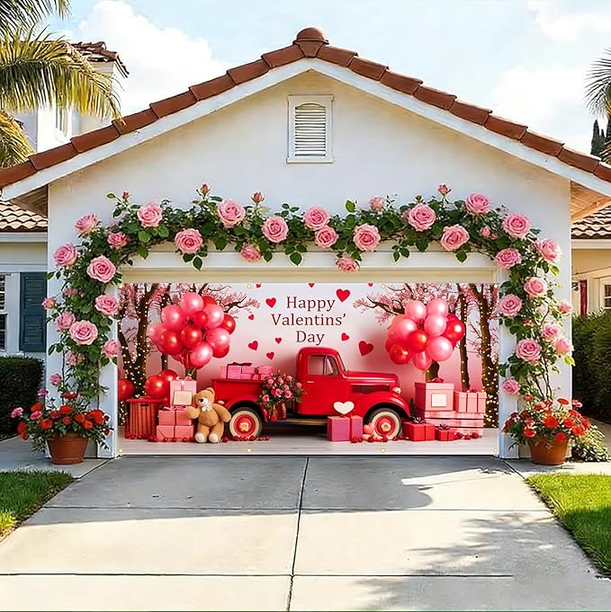 Valentine Garage Door Banner 157.5x70.9in Large Love Garage Door Cover Outdoor Valentine Decorations for House Exterior Yard Party Backdrop with Grommets and Rope