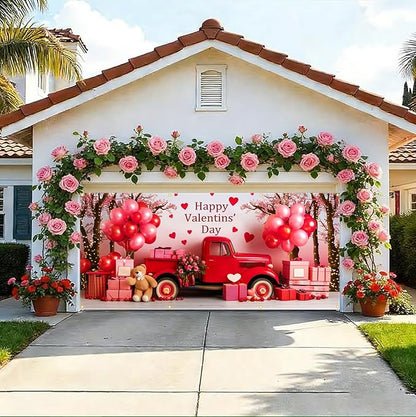 Valentine Garage Door Banner 157.5x70.9in Large Love Garage Door Cover Outdoor Valentine Decorations for House Exterior Yard Party Backdrop with Grommets and Rope