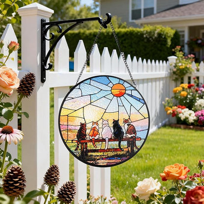Stained Glass Window Hanging, Cat and Sunset Circular Painted Glass Suncatcher with Chain & Suction Cup for Home Garden Door Decor, Birthday for Women Men Mom 7.8 in