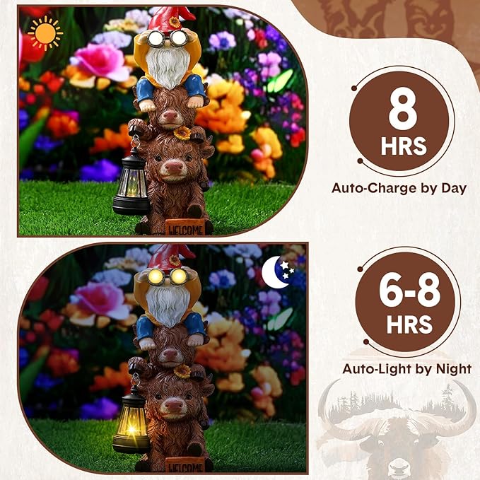 Gerrii Solar Highland Cow Gnome Outdoor Spring Garden Statue with Lighted Lantern 11" Resin Highland Cow Welcome Sign Outdoor Yard Waterproof Gift for Women Mom Holiday Patio Lawn Ornaments