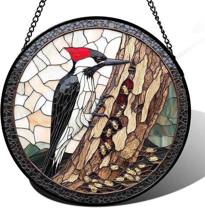 Stained Glass Window Hanging - Woodpecker Bug Catching Suncatcher for Doors Garden Sun Catchers Decor Christmas Mother's Day Birthday Gifts for Bird Lover Women Men Mom Nana Friend 11.8 in