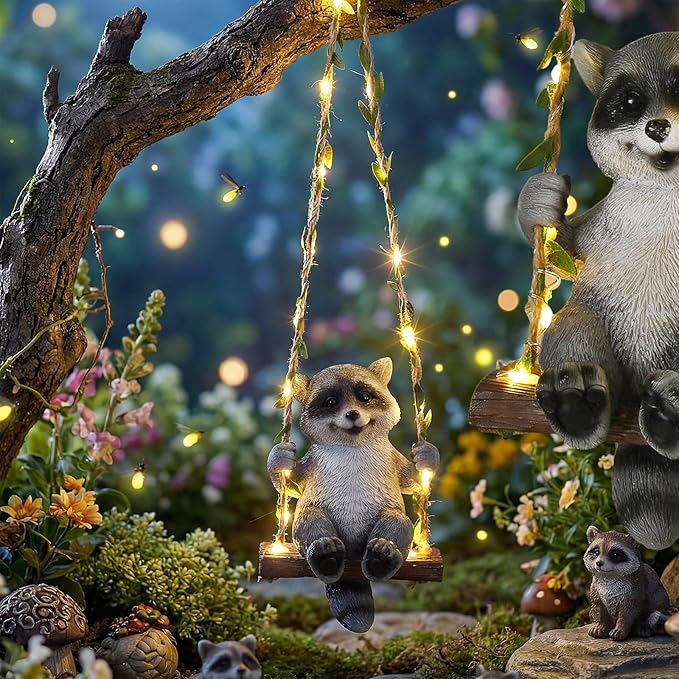Thyle Solar Light Outdoor Raccoon Statues 19" H Hanging Raccoon on Swing with LED Light Resin Waterproof Hanging Animal Figurine with Hook for Yard Garden Wall Decoration Gift