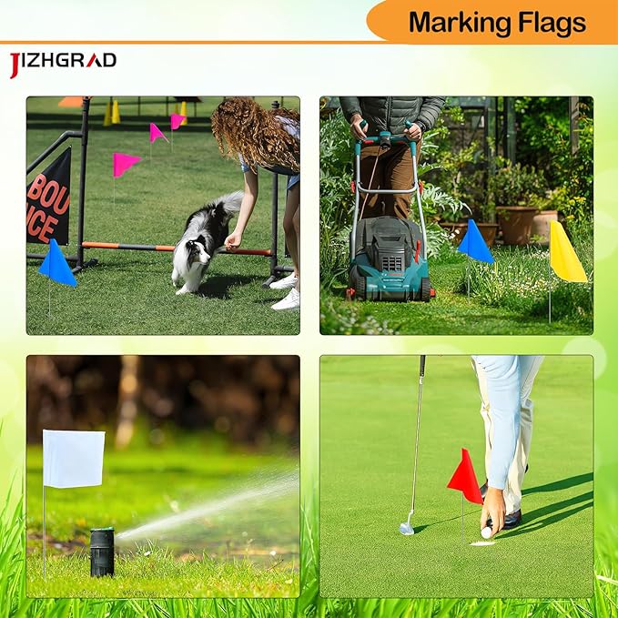 100Pack Red&Green&Blue&White Marking Flags, JIZHGRAD 15x4x5 Inch Marker Flags Use for Yard & Lawn, Boundary & Dog Training, Survey & Landscape, Sprinkler & Surveyor, Garden & Construction, High Visibility, Sturdy, Versatile, UV & Weather Resistant