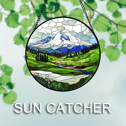 DASTOLL Stained Glass Window Hanging 4 Pcs Set Mountains Lake Green White Landscape Large 15" - Suncatcher Door Garden Sun Catcher Decor Birthday Christmas for Mom Woman Nana Men