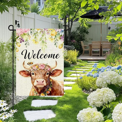 IVN Welcome Cow Spring Garden Flag 12x18 Inch Farmhouse Highland Cow Watercolor Floral Crown Bee Rustic Farmhouse Buffalo Front Door Burlap Double Sided Vertical Small Yard House Flag Seasonal Outdoor Decoration for Outside Home Lawn Porch Patio Spring...