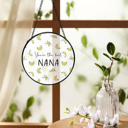 Nana Banana Gifts, Nana Banana Suncatchers Stained Glass Window Hanging, Nana Gifts for Mother's Day, Grandma Gift from Grandkids Sun Catchers Indoor Window, 7.9x7.9in