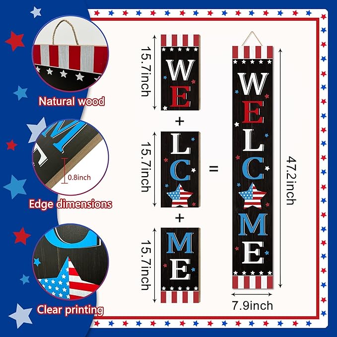 Patriotic 4th of July Independence Day Porch Sign Decor Memorial Day Wooden Hanging Sign Door Porch Standing Decorative Signs Plaques Front Door Farmhouse Outdoor Indoor Welcome Sign Wall Craft Decor 47.2"H