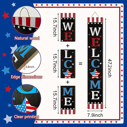 Patriotic 4th of July Independence Day Porch Sign Decor Memorial Day Wooden Hanging Sign Door Porch Standing Decorative Signs Plaques Front Door Farmhouse Outdoor Indoor Welcome Sign Wall Craft Decor 47.2"H