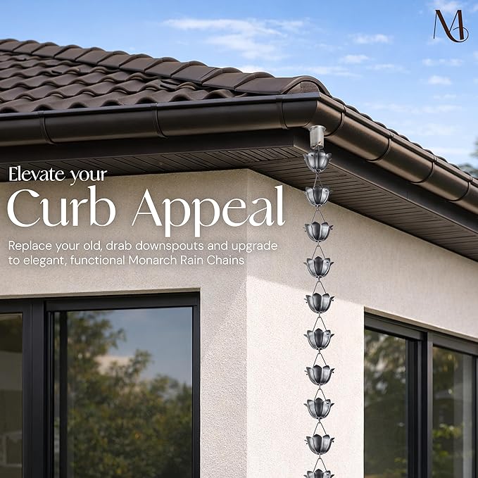 Monarch Rain Chains Aluminum Lotus Pewter Rain Chains for Gutters – 8.5 ft Pewter Decorative Rainchain Outdoor Durable Heavy Duty Gutter Chain Downspout, Modern Rainchains for Outside