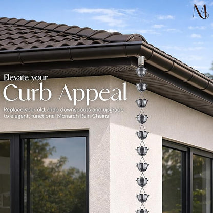 Monarch Rain Chains Aluminum Lotus Pewter Rain Chains for Gutters – 8.5 ft Pewter Decorative Rainchain Outdoor Durable Heavy Duty Gutter Chain Downspout, Modern Rainchains for Outside