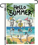 DLZDN Hello Summer Skeleton Garden Flag Funny Skull Garden Flag 12×18 Inch Double Sided Vertical Burlap Summer Coastal Seasonal Hawaii Tropical Ocean Yard Flag Outdoor Decoration