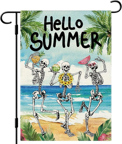 DLZDN Hello Summer Skeleton Garden Flag Funny Skull Garden Flag 12×18 Inch Double Sided Vertical Burlap Summer Coastal Seasonal Hawaii Tropical Ocean Yard Flag Outdoor Decoration