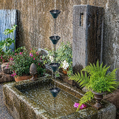 8.5FT Bell Iron Rain Chains for Gutter and Rain Barrel, Rust-Resistant Plated Garden Décor for Downspout, Bonus Rain Chain Gutter Adapter (Antique-Blue)