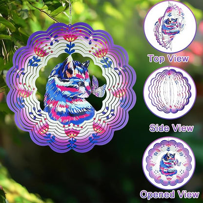 Wind Spinner Mandala 12 inch 3D Stainless Steel Laser Cut Metal Art Geometric Pattern Hanging Wind Spinner (Purple Cat)