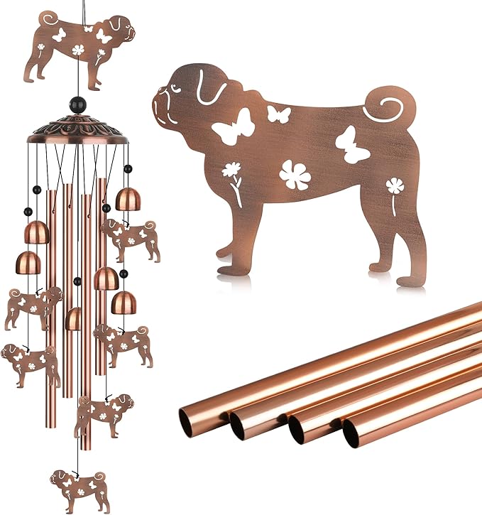 Pug Wind Chimes, Pug Gifts for Pug Lovers Women Men, Dog Metal Windchimes, Outdoor Memorial Housewarming Birthday Gifts, Patio Décor