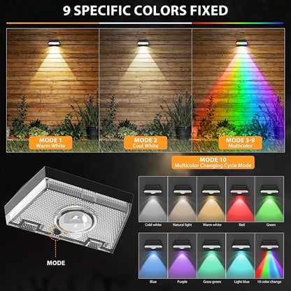 Solar Fence Lights,9 Lighting Modes ＆ Color Changing Mode IP65 Waterproof Outdoor, Solar Deck Lights for Outside/Patio/Backyard/Wall/Pool/Fence/Railing/Step(8Pack)