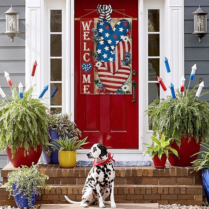 AVOIN colorlife 4th of July Love Heart House Flag 28x40 Inch Double Sided Outside, Welcome Independence Day Patriotic Stars and Stripes Yard Outdoor Decoration