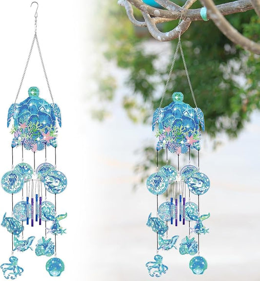 GlikCeil Beach Wind Chimes Diamond Art Wind Chimes Suncatchers Beach Diamond Art Kits with Crystal Pendant Hanging Ornament for Home Garden Patio Backyard Decor(Blue)