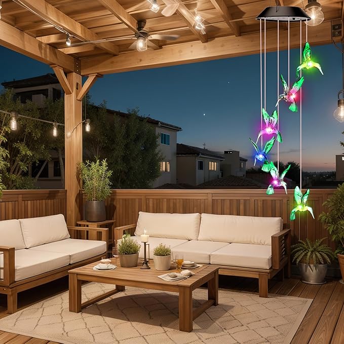 Retisee LED Solar Hanging Wind Chime, Outdoor Mobile Color Changing Light, Home Yard Garden Decoration Automatic Light Gift for Party Women Mom(Hummingbird)