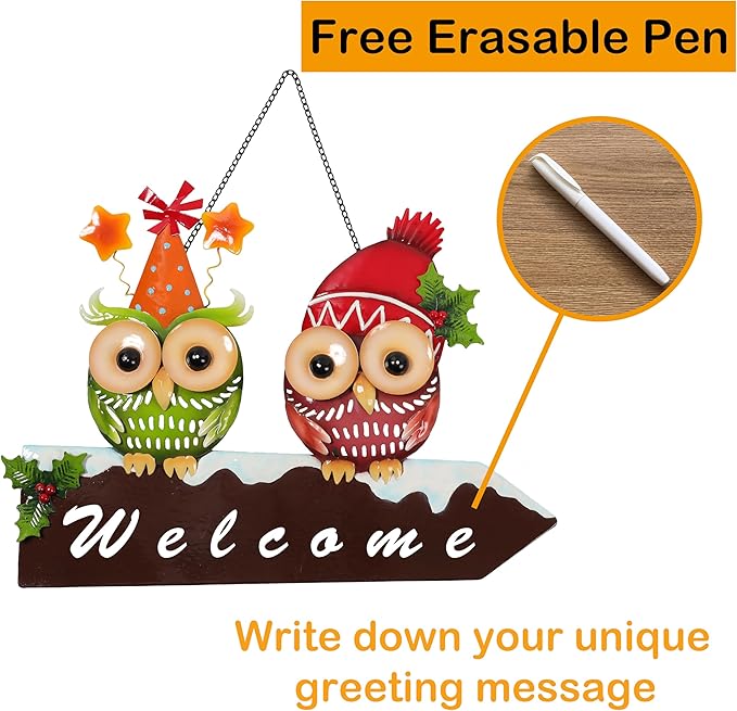 Bright Color Metal Owl Couple Garden Stake - Hanging Decor for Fence or Wall, Outdoor Yard Art with Message Board for Patio, Porch, Lawn for Couples Housewarming
