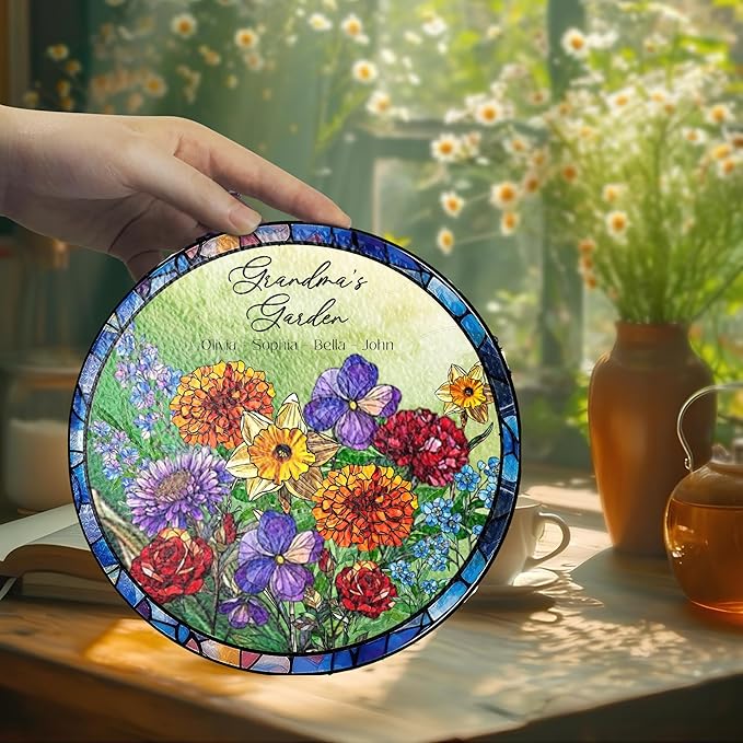 NAZENTI Custom Month Birth Flowers Glass Suncatcher for Grandma, Personalized Stained Glass Window Hanging Suncatcher with Kids Name, Gifts for Mother's Day, Birthday, Gigi Birth Month Flower