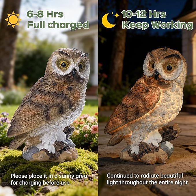Solar Owl Garden Outdoor Statue,Owls Figurine Sculpture with LED Lights for Porch Patio Lawn Yard Deck Spring Summer Decor - Ideal Easter Day Housewarming for Women Men Owl Lover