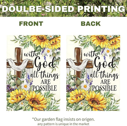 Summer Sunflower Christian Garden Flag with God All Things Are Possible Cross Floral Yard Flags Religious Faith Porch Decor Double Sided Spring Seasonal Front Lawn Decor 12x18 Inch