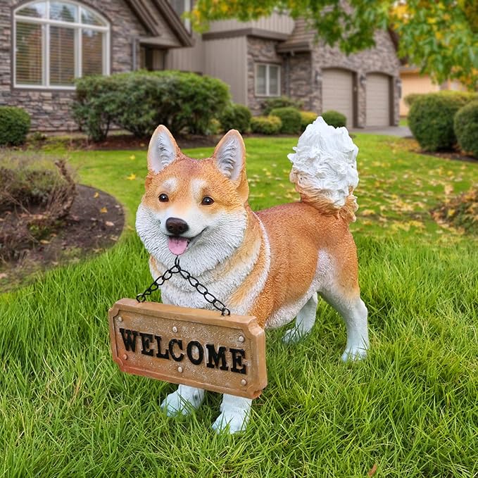 Akita Dog Garden Statue with Solar Lantern & Double-Sided Welcome Sign, Cute Shiba Inu Outdoor Decor Figurine for Patio Lawn Yard, Waterproof Resin Animal Sculpture, Dog Lover Gift