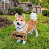 Akita Dog Garden Statue with Solar Lantern & Double-Sided Welcome Sign, Cute Shiba Inu Outdoor Decor Figurine for Patio Lawn Yard, Waterproof Resin Animal Sculpture, Dog Lover Gift