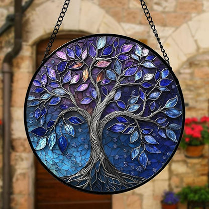 DASTOLL Stained Glass Window Hanging, Blue Purple Tree of Life Sun Catchers Colorful Glass Panel Plants Suncatcher Decor for Birthday for Women,Men,Wife, Lovers, and Mom 9.8 in
