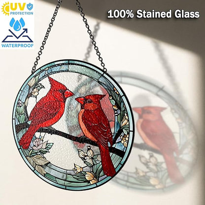 6" Cardinal Bird Stained Glass Suncatchers Art Glass Birds and Flowers for Sun Catcher Indoor Window Gifts for Nature Floral Bird Lovers Women Mom Friend Painted Panel Décor BIRD-02B-SG6