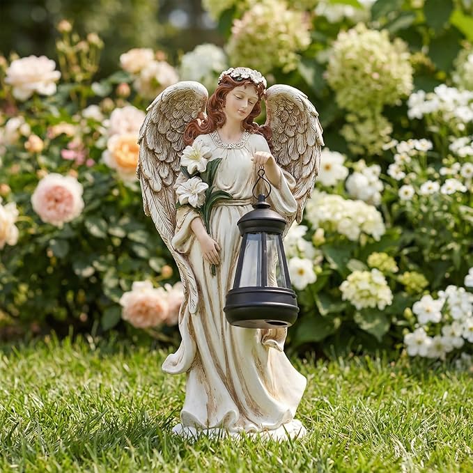 Solar Angel Outdoor Decor Garden Statues – 13.2 inches Angel Figurines Outdoor Sculptures with Solar Lantern for Outside Yard Art Patio Balcony Front Lawn Ornaments Gifts for Mom Grandma Women