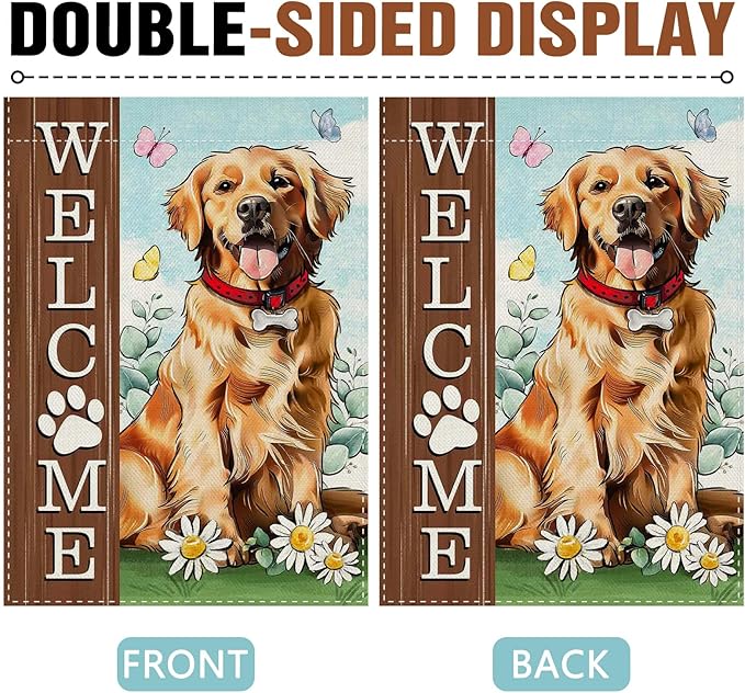 Dyrenson Welcome Golden Retriever Dog Decorative Garden Flag, Paw Prints Yard Outside Home Decoration Pet Owner Lover Gift, Spring Summer Burlap Outdoor Small Decor Double Sided 12 x 18