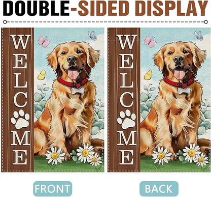 Dyrenson Welcome Golden Retriever Dog Decorative Garden Flag, Paw Prints Yard Outside Home Decoration Pet Owner Lover Gift, Spring Summer Burlap Outdoor Small Decor Double Sided 12 x 18