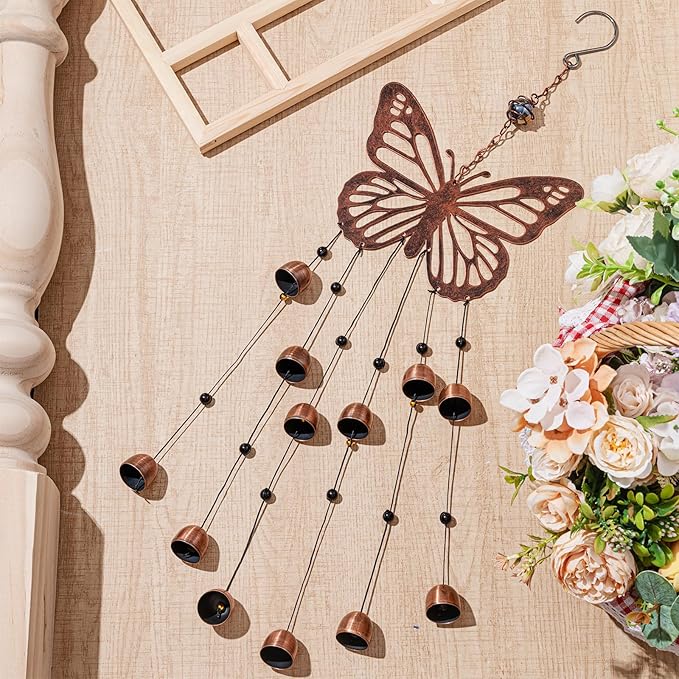 Cinnvoice 24 Inch Metal Wind Chimes Decor for Outside Garden Birthday Gift for Women Men Bronze Windchimes Pet Memorial Gift with 12 Bell for Patio Yard Lawn Housewarming Front Yard(Butterfly)