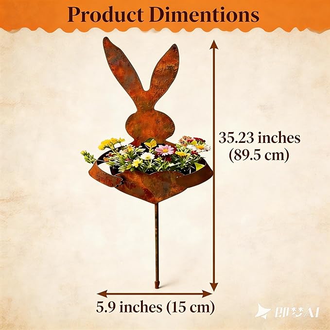 EPMANN Easter Vintage Metal Rabbit Shaped Planter Garden Stake, Rustic Patina Finish Bunny Decor for Outdoor Garden Yard, Decorative Stake for Small Flowers Succulents Spring Displays