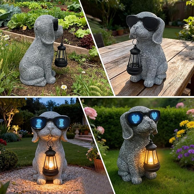 Solar Garden Outdoor Dog Statues - Garden Decorations Dogs Statue with Lantern, Waterproof Led Lights Yard Decor Figurine Birthday Gifts for Women Mom Grandma Dog Lovers for Patio Balcony Lawn