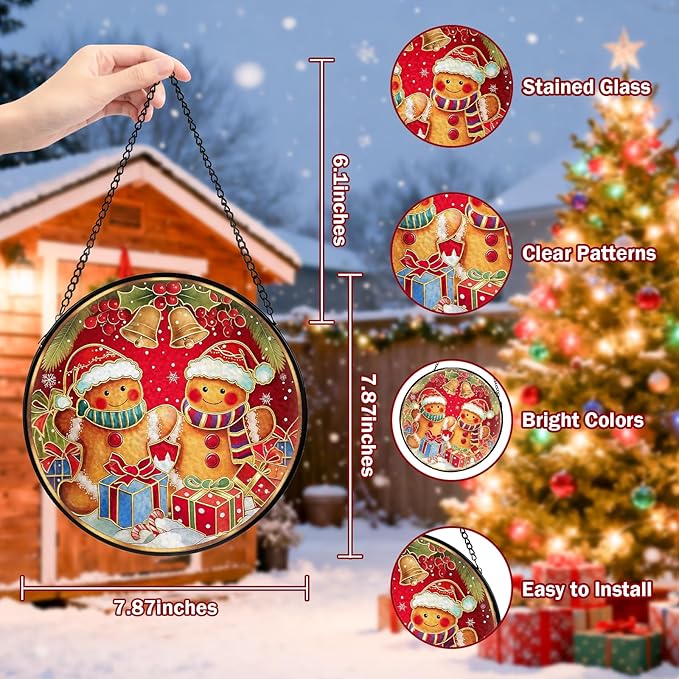 Christmas Decorations Stained Glass Window Hanging, Gingerbread Candy Cane Christmas Suncatcher for Window Hanging, Suncatchers Indoor Windows Wall Art for Mom Grandma, for Home Office 7.87 inches