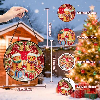 Christmas Decorations Stained Glass Window Hanging, Gingerbread Candy Cane Christmas Suncatcher for Window Hanging, Suncatchers Indoor Windows Wall Art for Mom Grandma, for Home Office 7.87 inches