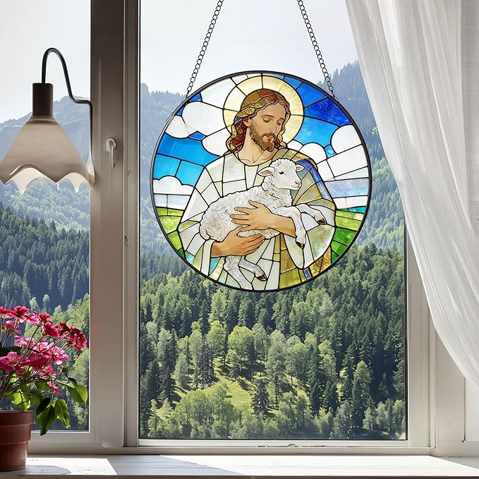 Stained Glass Window Hanging 7.9'' Jesus and Sheep Sun Catchers Stained Glass Suncatcher for Windows He is Risen Resurrection of Jesus Gift for Religious Christian Gifts Home Decor